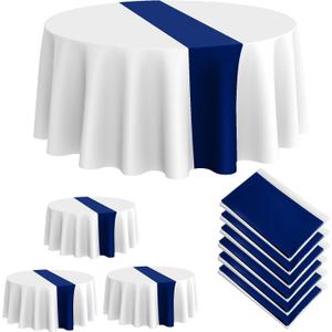 Oudain 6 Pcs Round Plastic Disposable Tablecloth 84 Inch Stain and Wrinkle Resistant Table Cover Tablecloths for Graduation Birthday Party Wedding Baby Shower Decoration(White, Navy Blue)