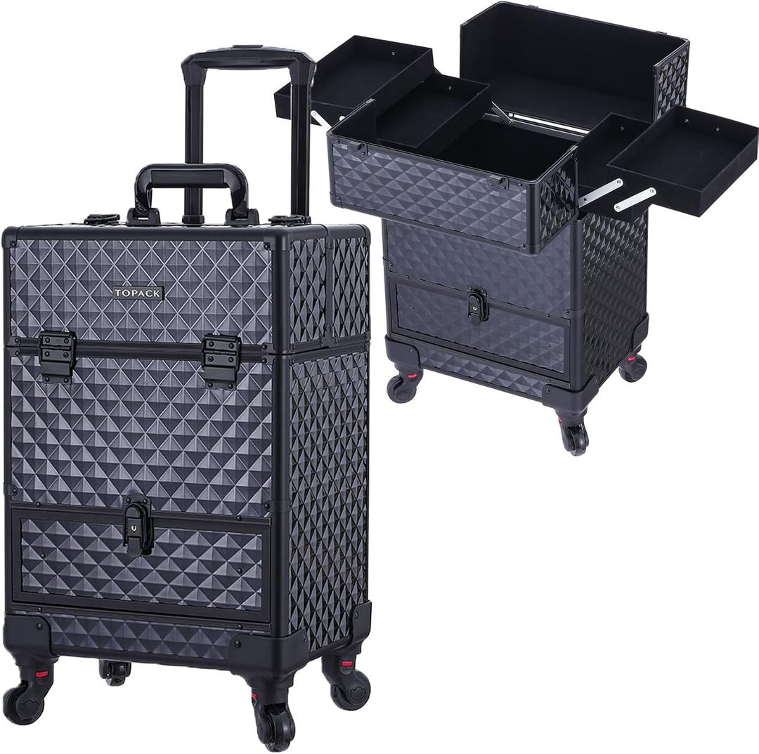 TOPACK Rolling Makeup Train Case,360Rotaing Wheel Aluminum Cosmetic Case with Trolley 4-Tray for Tattoo/Barber/Nail Tech Travel Cart Organizer 13.1 * 9.8 * 18.3in BLACK (BLACK)