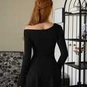 LAGSHIAN Women's Fall Long Sleeve Off Shoulder Trendy Ruched Stretch Bodycon Cocktail Party Flare Mini Dress (Black, M)