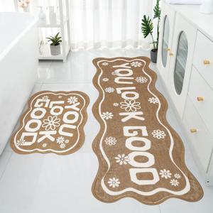 Gray Bathroom Decor Bath Runner Rugs 19" x 59" + 20" x 24" You Look Good Mats, 2 Piece Soft Non Slip Shower Mat Cool Bath Rug Carpet Washable Bathmat for Floor (Brown)