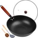 13" Nonstick Wok - Wok Pan with Glass Cover, Carbon Steel Woks & Stir-Fry Pans: Flat Bottom Chinese woks for Electric, Induction, Gas, All Stoves (Transparent lid)