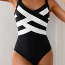 One Piece Swimsuit for Women Modest Full Coverage Bathing Suit Slimming Color Block V Neck Swimwear (Black, S)