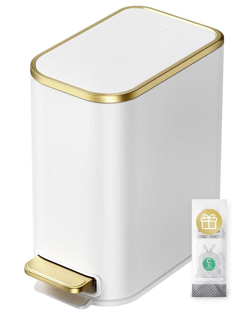 Cesun Small Bathroom Trash Can with Lid Soft Close, 5 Liter/1.3 Gallon Stainless Steel Garbage Can with Removable Inner , Step Pedal, Slim Waste Basket for Toilet, Office, Bedroom (White & Gold)