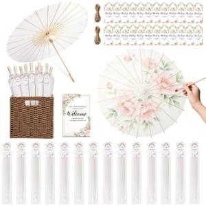 24 Sets 33 Inch White Paper Parasol Umbrella for Wedding Chinese Japanese Paper Umbrella With Foldable Storage Basket DIY Painting White Parasol Thank You Wedding Favors for Guest Bridal Shower