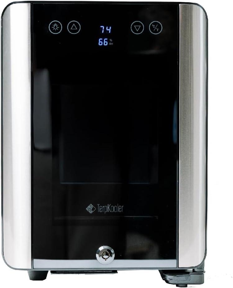 Essential Cooler Compact Portable Mini Fridge with Temp & Humidity Control, 3 USB Ports, Smoked Glass Shelves, Lockable UV Glass Door for Herbs, Oils, Cosmetics, and More