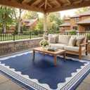 Garvee Outdoor Rug 5x8 Scalloped Waterproof Patio RV Outdoor Rugs Reversible Foldable Plastic Straw Rug Modern Camping Carpet for Deck Camper Porch Balcony Backyard Picnic Beach Dark Blue