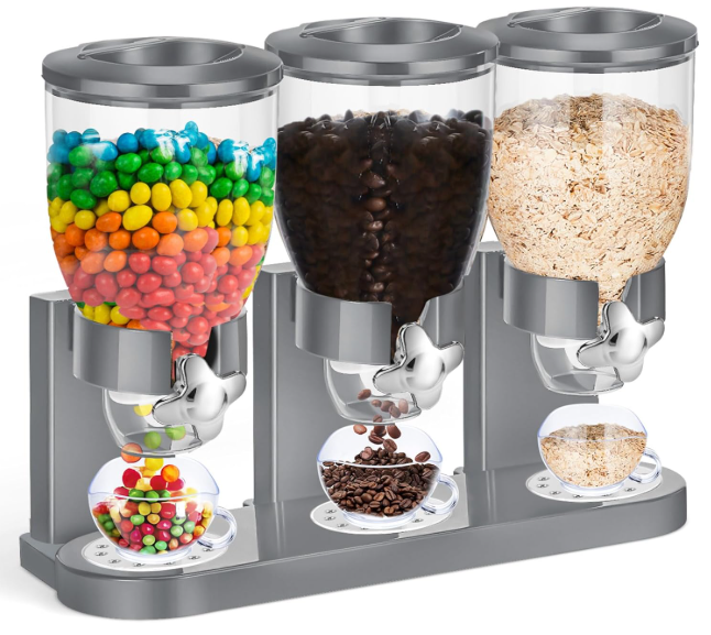 Umigy 1 Pack Triple Indispensable Dry Food Dispenser 67oz Each Capacity Cereal Container for Storage Preserving Dispensing Kitchen Rice Candy Nuts Dog Food Granola Snack Gumball Countertop (Gray) 