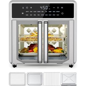 Air Fryer Toaster Oven Combo,15.8Qt Small Countertop French Door Oven,18 Presets & 1 Preheat & Light, Airfryer Basket,Wire Rack,Baking Pan,Crumb Tray,Compact Design,Stainless Steel