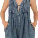 Womens Denim Romper Sleeveless Tie Front V Neck Casual Jean Overall Shorts Romper With Pockets (Blue, XL)