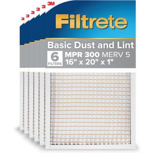 Filtrete 16x20x1 AC Furnace Air Filter, MERV 5, MPR 300, Capture Unwanted Particles, 3-Month Pleated 1-Inch Electrostatic Air Cleaning Filter, 6-Pack (Actual Size15.69x19.69x0.81 in)
