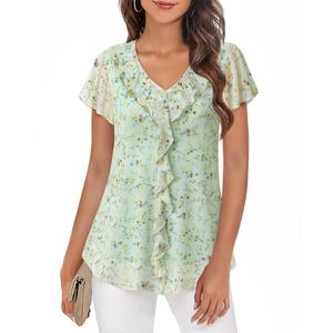 Timeson Women's Tops Dressy Casual: Loose Fit - Plus Size Blouses for Women - Womens Short Sleeve Shirts Floral Ladies Office Work Outfits Peasant Summer Tunic for Leggings Hide Belly Mesh Yellow 2XL
