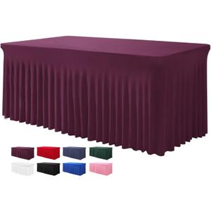 BDDC Table Skirts for Rectangle Tables 6ft - One-Piece Burgundy Tablecloths and Skirt, Wrinkle Resistant Ruffles Elastic Cover for Banquets, Weddings, Events, Parties
