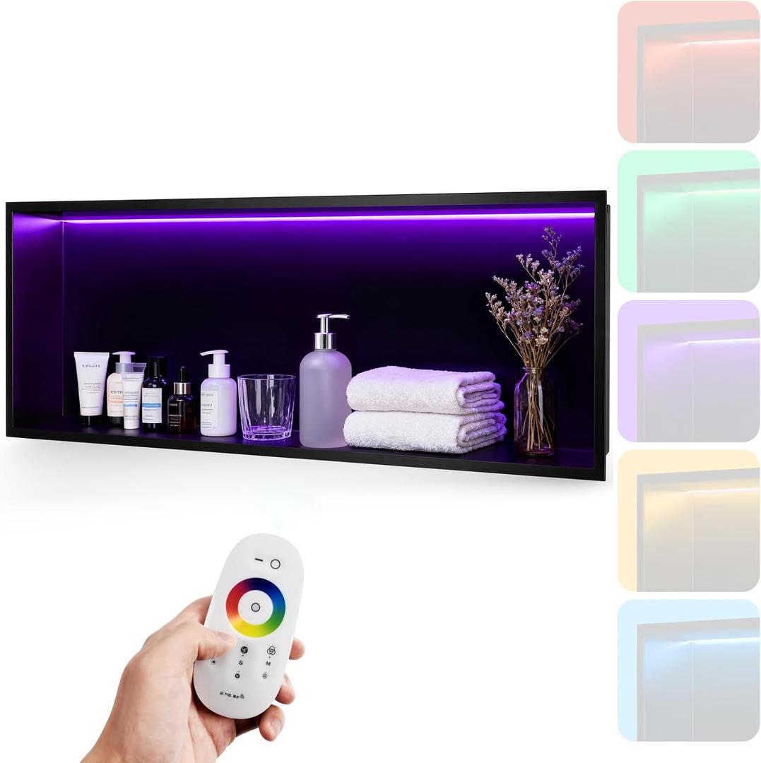 Shower Niche 36" X 12" RGB LED Shower Niche Insert Tile Ready
304 Stainless Steel Shower Niche with LED Light, IP65 Waterproof, Remote Control, Recessed Wall Bathroom Storage Organizer