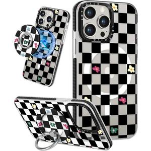 Lotadilo for iPhone 15 Pro Max Case for Women - Cute Kawaii Design Girls Compatible with Magsafe Magnetic Ring Holder Stand Black Flower Phone Covers Aesthetic Girly TPU Funda for 15 Pro Max