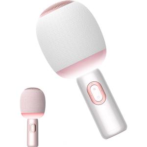 Wireless Bluetooth karaoke Microphone, 5-in-1 Portable Handheld Microphone for iPhone, Karaoke Microfono with Dynamic Lights for Car / Home Party, Music Record, Duet Singing Mic for Kids Adults-White