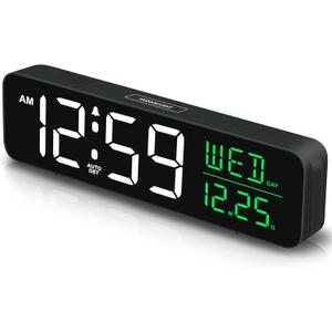 Peakeep Large Display Digital Alarm Clock for Bedrooms, Date Day of Week Temp Desk Table Clocks for Living Room Office, Dimmable Plug in Electric Clock, 5 Volumes, Loud, Auto DST (White and Green)