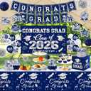 2026 Graduation Decorations Kit - Navy Blue Silver Class of 2026 Party Decor with Congrats Grad Banner Backdrop Hanging Swirls Paper Pompoms Balloons for High School College Graduation Party Supplies