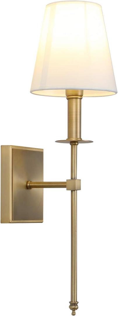 PERMO Single Classic Rustic Industrial Wall Sconce Lighting Fixture with Flared White Textile Lamp Shade and Antique Brass Tapered Column Stand,HardwiredE26 Base