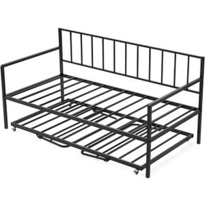 VEVOR Twin Size Daybed Frame, Height Adjustable Day Bed with Trundle, Heavy Duty Metal Platform Bed Frame with LED Light and Charging Station, Twin Daybed with Metal Slats for Living Room, Bedroom