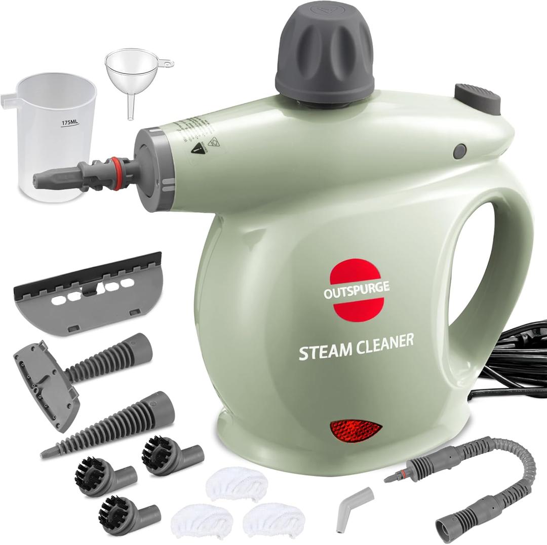 Handheld Steam Cleaner, Pressurized Multi-Surface Steam Shot with 13 Accessories, Safety Lock, Steamer for Cleaning Floor, Upholstery, Grout, Windows, Couch and Car, Green
