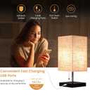 Siljoy Modern Bedside Table Lamp with 2 USB Charging Ports, Nightstand Lamp with Pull Chain Switch, Table Desk Lamp with Black Wooden Base & Flaxen Fabric Lampshade for Living Room Bedroom Dorm Office