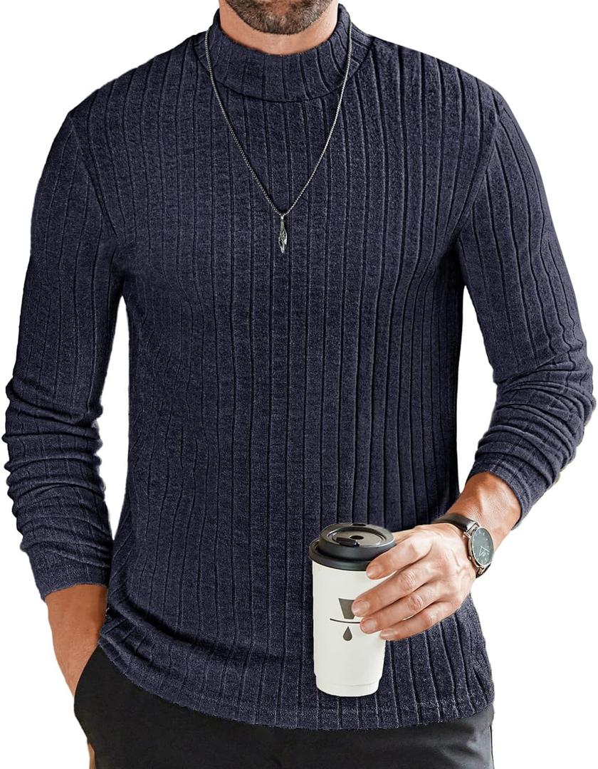 Ekouaer Men's Mock Turtleneck Shirts Long Sleeve Underwear Tops Fleece Ribbed Knit Pullover Sweater Basic Thermal Sweatshirts (Large, Navy Blue)