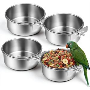 4 Pcs Bird Feeding Dish Cups, 15 OZ Detachable Stainless Steel Bird Food Bowls with Clamp, Hanging Pet Bowl for Cockatiel Parakeet Macaw Finches Lovebirds Small Animals