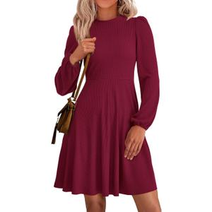 PRETTYGARDEN Women's Long Sleeve Mini Dress 2026 Fall Trendy Crewneck Ribbed Knit Soft A Line Flowy Summer Formal Dresses (Wine Red, Large)