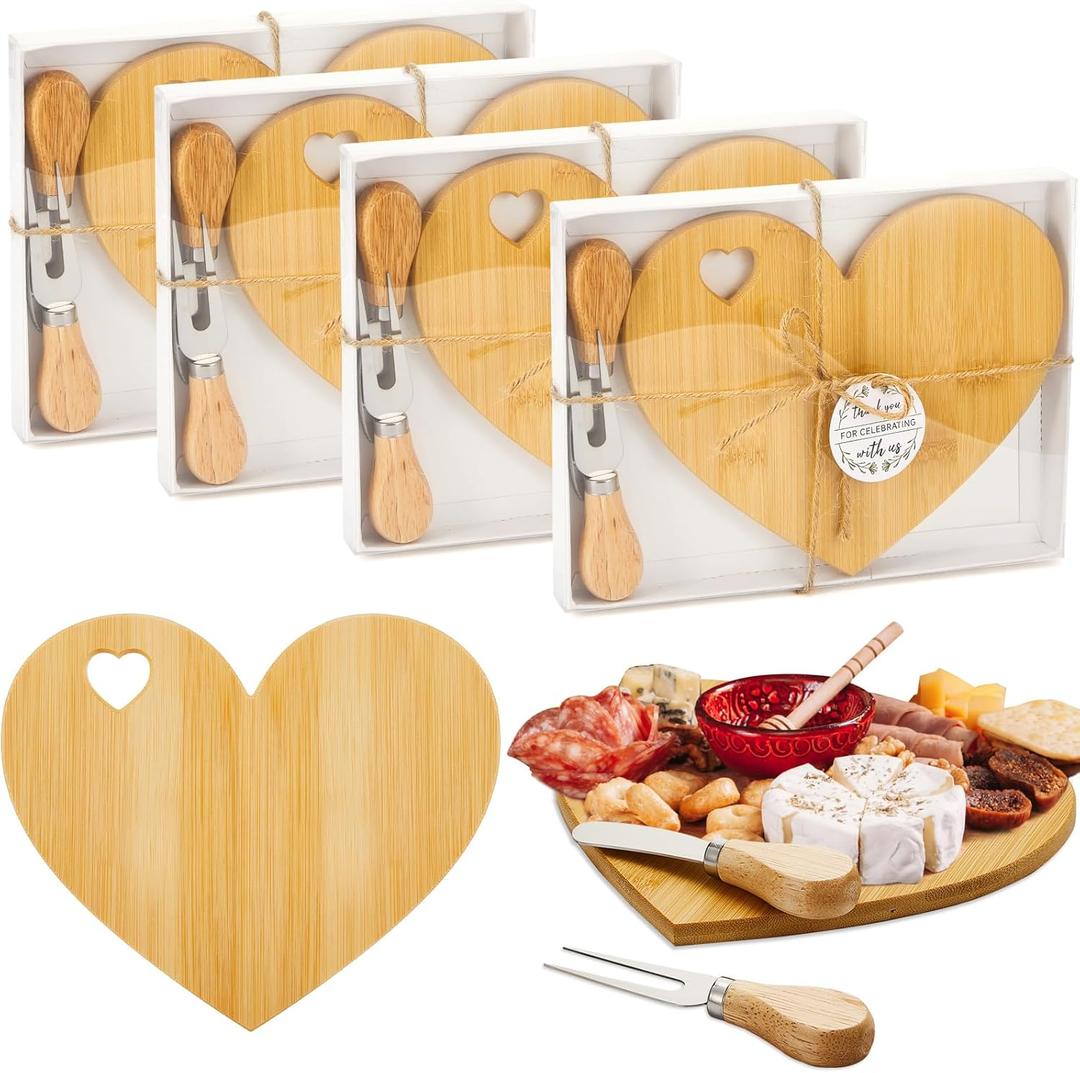 Patelai 4 Set Bridal Baby Shower Favor Heart Cheese Board with Knife, Wood Mini Charcuterie Board Thank You Gift Box for Guest Bridal Baby Shower Prize Wedding Valentines Birthday (Bamboo Color)
