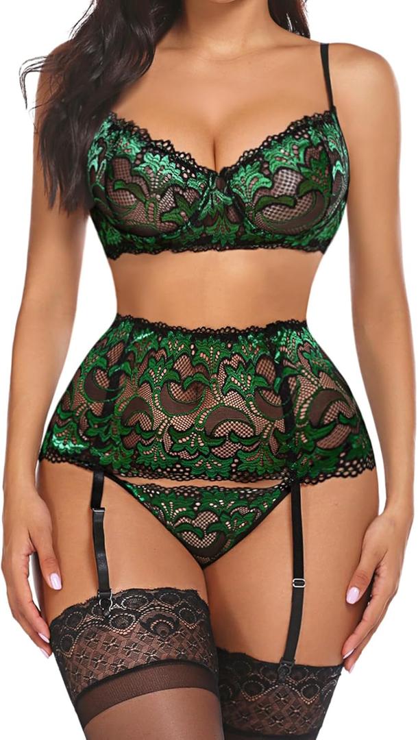 Avidlove Women Lingerie Set High Waisted Underwire Lingerie With Garter Belt Lace Babydoll (Medium, Green)