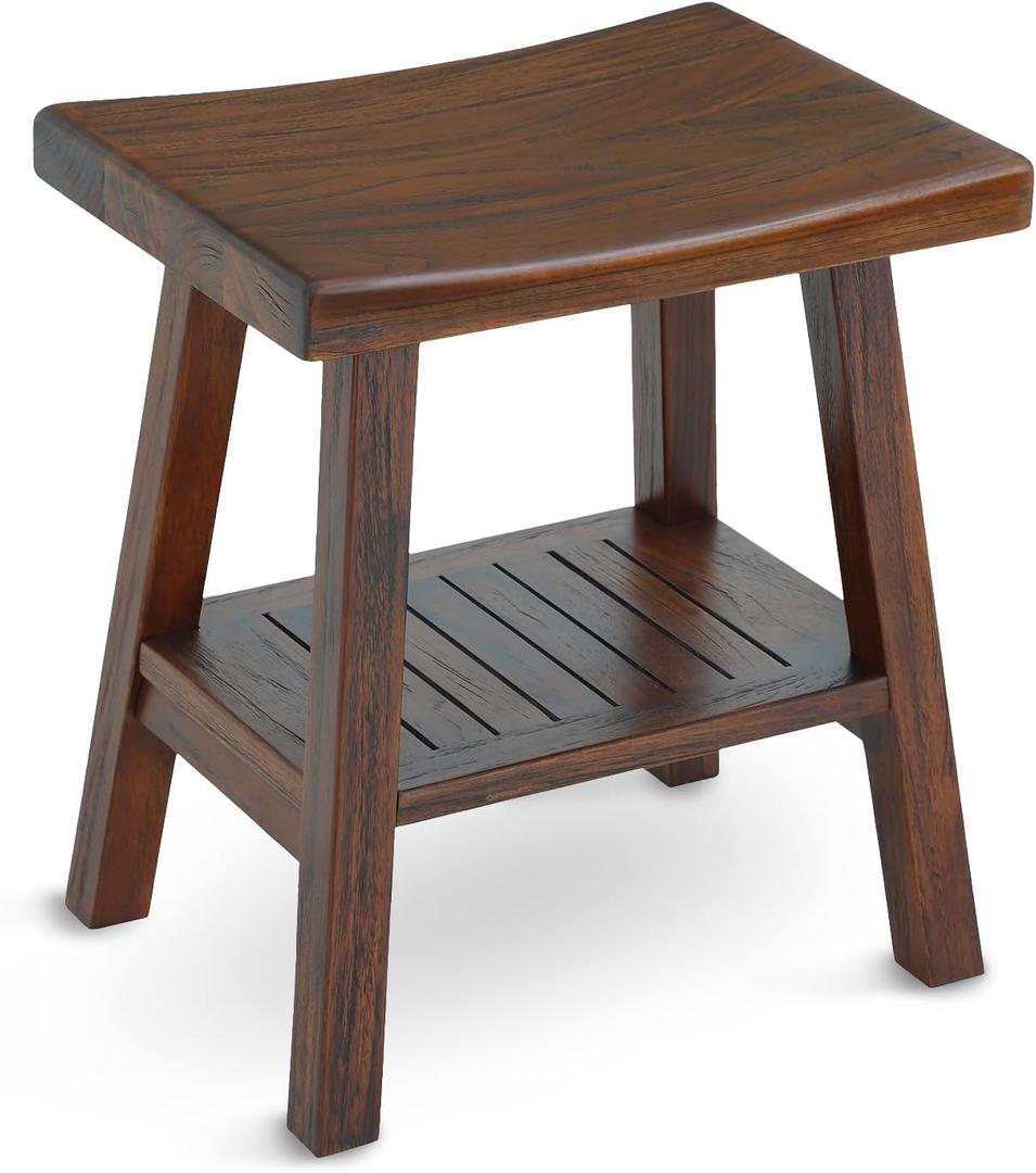 StrongTek Teak Shower Stool with Storage Shelf, 18-Inch Solid Teak Wood Bath Seat Bench, Ergonomic Curved Seat, Easy Assembly, Water-Resistant, 350 lbs Capacity, Ideal for Bathroom, Spa & Home Use (Dark Brown)