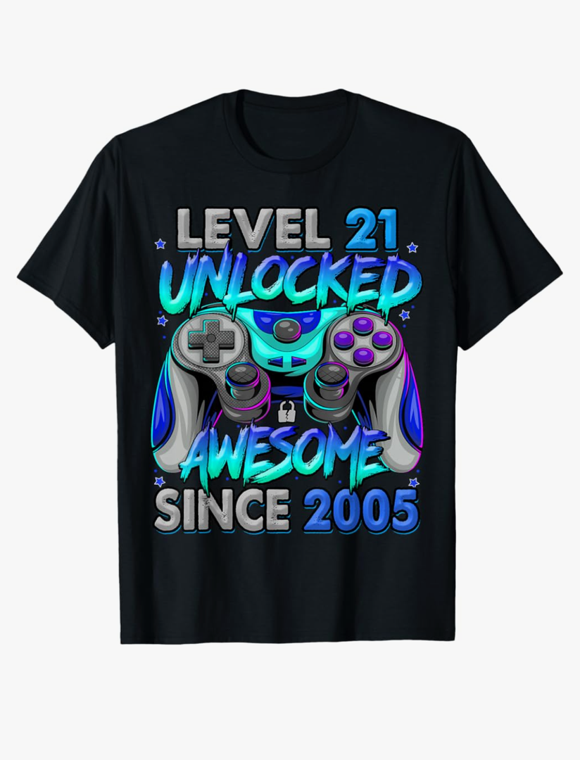 Level 21 Unlocked Awesome Since 2005 21st Birthday Gaming T-Shirt 4XL