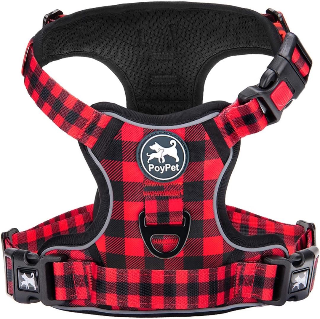 PoyPet No Pull Dog Harness, [Release at Neck] Reflective Adjustable No Choke Pet Vest with Front & Back 2 Leash Attachments, Soft Control Training Handle, Plaid(Checkered Red, XS)