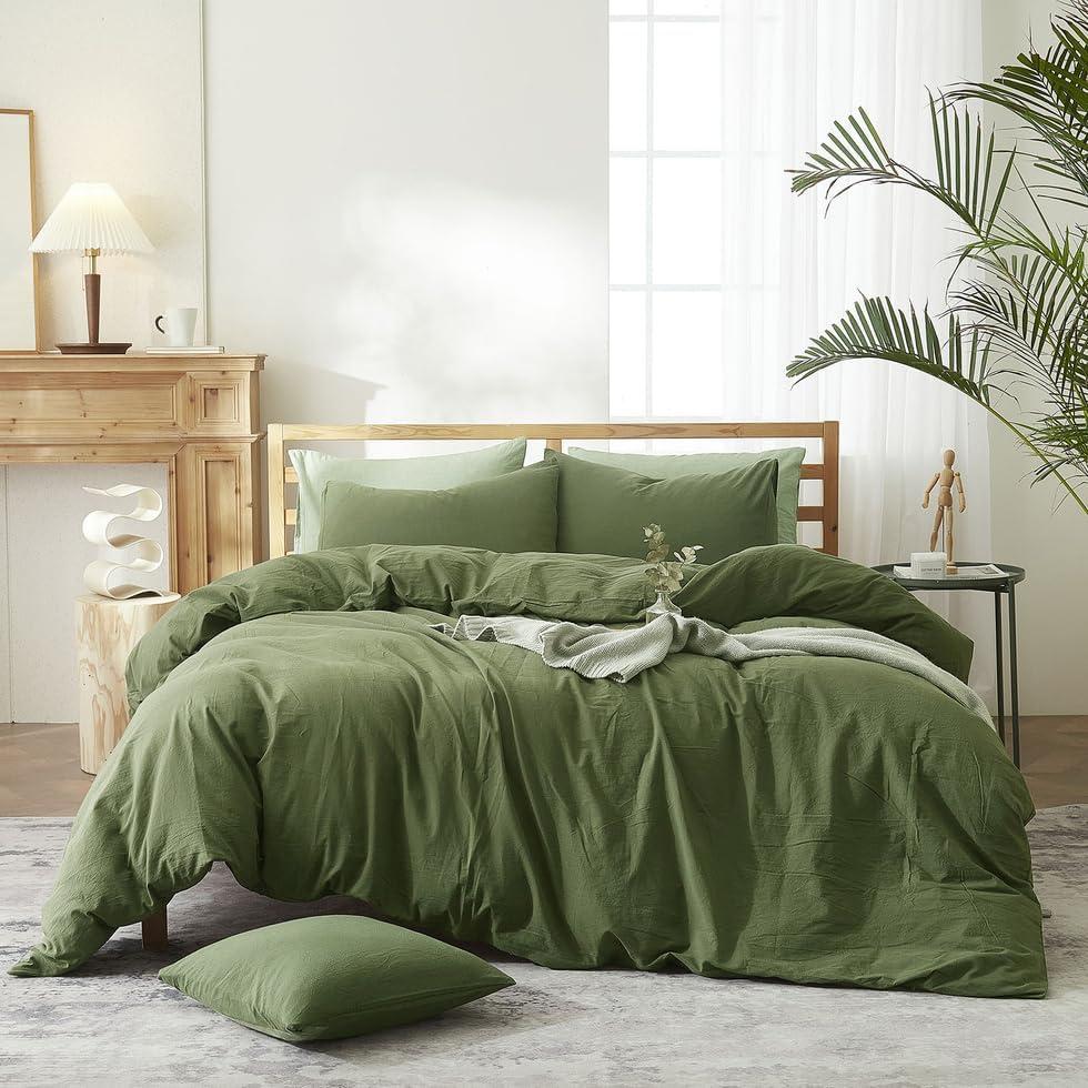 AMWAN Army Green Bedding Sets Queen Size Dark Green Duvet Cover 100% Washed Cotton Comforter Cover Modern Style Solid Color, Luxury Soft for Men Women Bed Set (Queen(90"x90"))