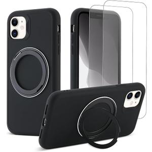 360°Rotatable Magnetic Ring Stand for iPhone 11 Case,Compatible with MagSafe,with [2 Pack Screen Protector] Military Grade Drop Shockproof Silicone Slim Phone Case 6.1 inch. (Black)