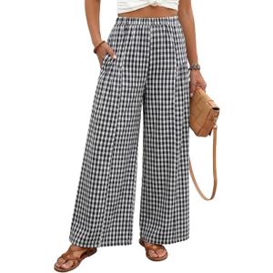 EVALESS Women's Wide Leg Palazzo Pants Casual Elastic High Waisted Cotton Gingham Plaid Culottes Trousers with Pockets (Large, Black)