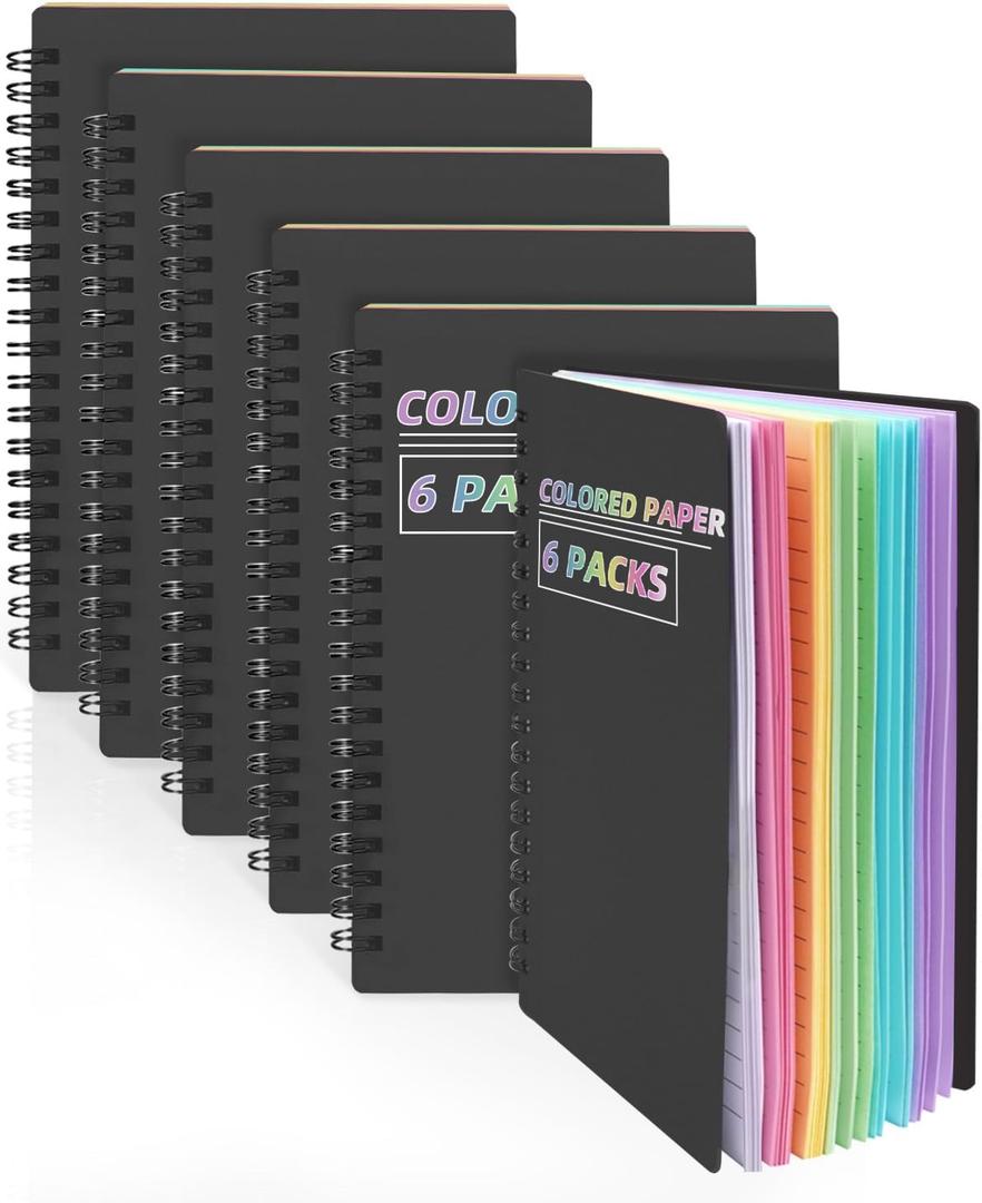 Dynta Colored Paper Spiral Notebook 6 Packs 5x7 Inches Small Journals College Ruled Durable Cover Thick Paper for School or Office, 102 Sheets/204 Pages for Students Women
