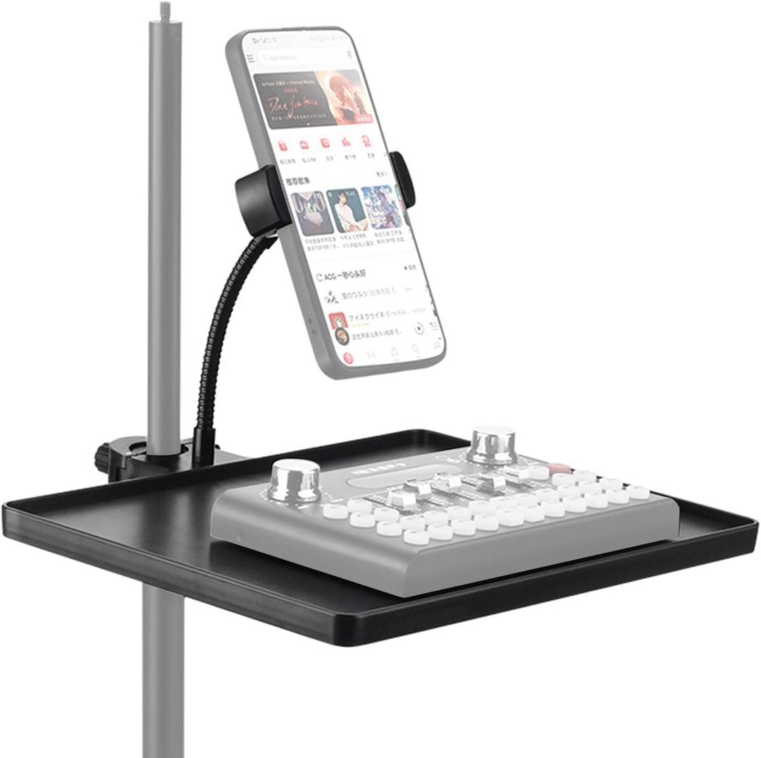 Phone holder Microphone Stand Tray, Clamp-On Rack Tray,Cell Phone Stand for Music Sheet,Compatible with Most Microphones Stands for Live Streaming,Karaoke, Recording (Black)
