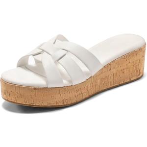 Coutgo Women's Platform Sandals Open Toe Slip On Low Wedge Slides Cork Heeled Beach Vacation Shoes, White, Size 6