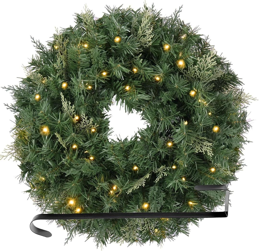 24 Inch Artificial Pre-Lit Christmas Wreath Spruce, 50 LED Warm White & Multi-Color Lights with Timer, Battery Operated, Holiday Decoration for Front Door, Outdoor (Green)