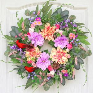 24 Inch Spring Wreath Artificial Wreaths for Front Door Summer Wreath with Dahlia Red Cardinals & Purple Berries, for Front Door Porch Window Farmhouse Year-Round Floral Decor Front Door Wreath