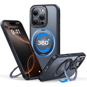 QTlier case for iPhone 16pro, 360 Rotatable Ring Stand, Raised Camera Frame, Shockproof with MagSafe Black