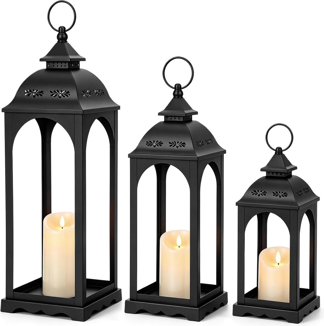 3 Pack Large Decorative Lanterns for Outdoor Porch 25 19 13 inch Metal Farmhouse Lanterns with 3 Flameless LED Candles, Rustproof Hanging Floor Decor for Indoor Patio Fireplace Home(Black)