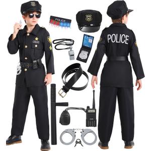 Police Officer Costume Kids Boys Halloween Costumes Outfit Toddler Cop Cosplay Uniform Set with Police Gear Acessories (8-10 Years, Black)