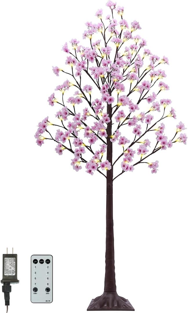 6FT Lighted Cherry Blossom Tree - Faux Artificial Light Up Cherry Blossom Trees with 112 Lights, 336 Lush Flowers, Timer, Remote 8 Modes Pink Tree for Spring Wedding Party Indoor Outdoor Decor