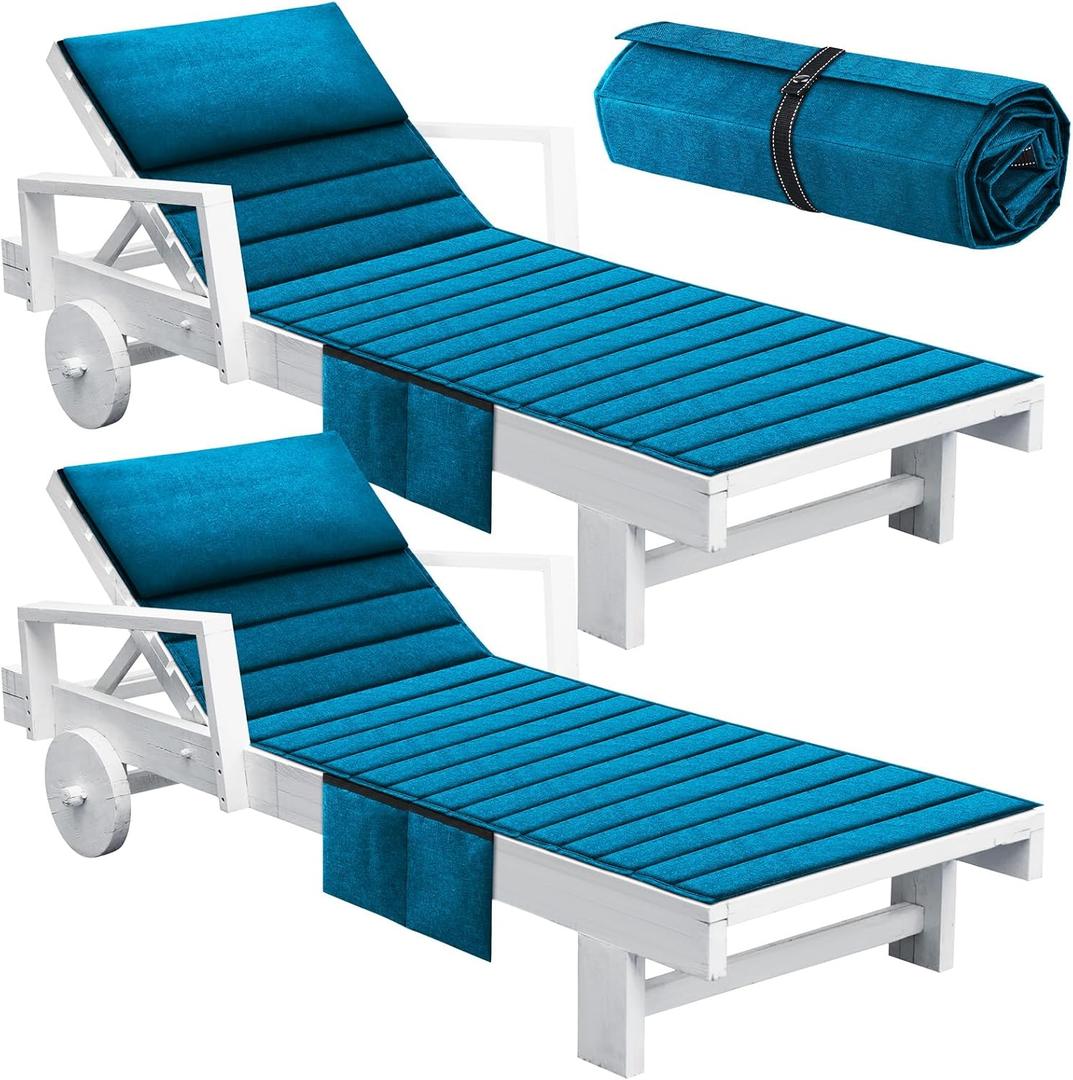 Hoolerry 2Pcs Outdoor Lounge Chair Cushions Waterproof Folding Chaise Lounge Cushion for Patio Lawn Pool Beach Chair Pad with Headrest and Pocket 72'' x 21'', No Chair(Light Blue)