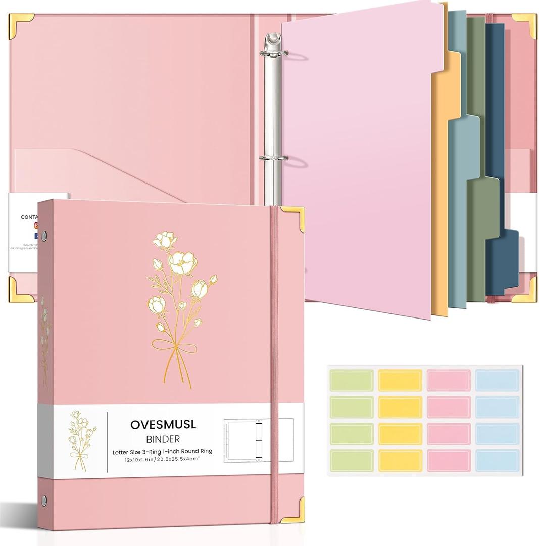 Aesthetic 3 Ring Binder 1 Inch Cute Three Round Rings Binders with Dividers Suitable for 8.5 x 11 Letter Size Paper Loose Leaf Binder with 2 Pockets for School Work, Pink