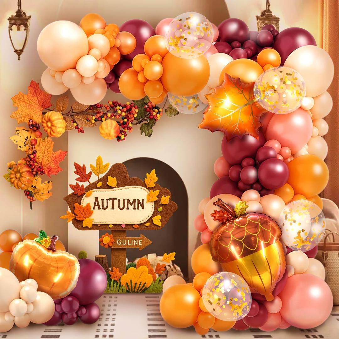 Fall Balloon Arch Kit - 164 Pcs Fall Balloons for Fall Baby Shower Decorations, Thanksgiving Party, Autumn Themed Events | Includes Maple Leaf & Pumpkin Foil Balloons