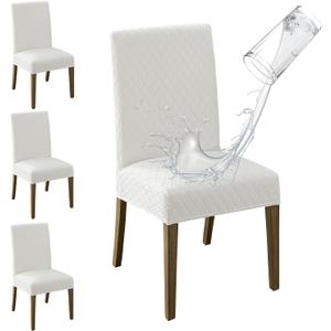 MOSAYT 100% Waterproof Dining Room Chair Covers Set of 4, Super Fit Stretch Jacquard Parson Chairs Slipcovers Removable Washable Chair Seat Protectors for Home, Kitchen, Banquet (White - XL)
