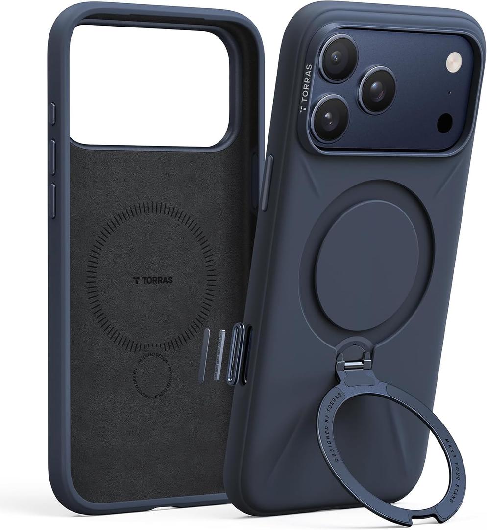 TORRAS Q3 Silicone 360 Spin for iPhone 17 Pro Case with Stand, Fit for MagSafe, Magnetic Ring Kickstand with Camera Control, Liquid Silicone Rubber Soft Phone Case for iPhone 17 Pro 6.3'', Deep Blue